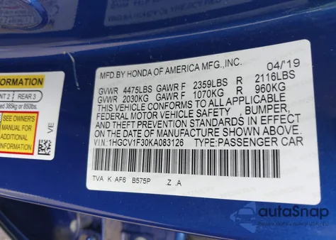 2019 Honda Accord Sport из США, поврежденный, VIN 1HGCV1F30KA083126